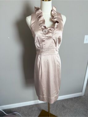 Taylor Blush Champagne Satin Ruffle Neck Sheath Cocktail Dress Size 10
